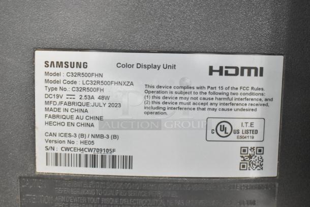 Label on Samsung C32R500FHN monitor, model code LC32R500FHNXZA, manufactured July 2023, made in China, HDMI support.