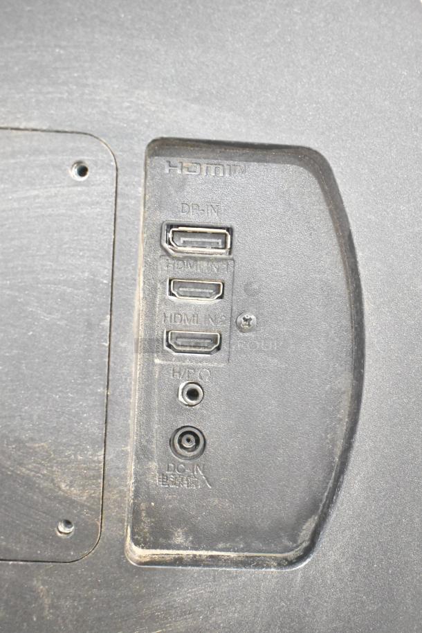 Close-up of monitor ports, featuring DP-IN, two HDMI, and DC-IN connectors, indicating multiple input options. Dust present.