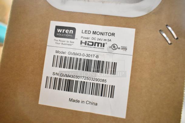 Wren LED Monitor in Original Box; Model GVM43-0-3017-B, HDMI, UL Listed, Made in China.
