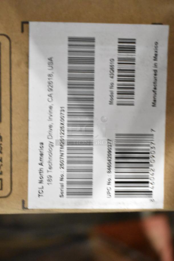 Original box with barcode and label for TCL 43" TV and Wren LED Monitor. Serial: 2607NTN201220620731. Model: 4625910.