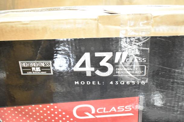 TCL 43" TV in original box, model 43Q6516, with high brightness LED backlight. Box shows model and size details.