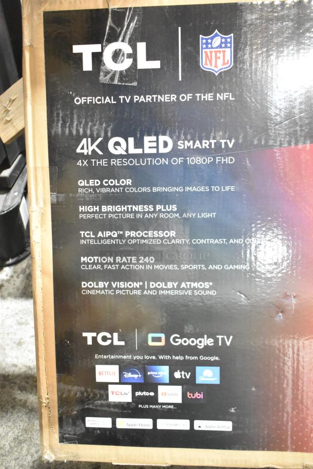 TCL 43" 4K QLED Smart TV in original box with features like Dolby Vision, AI PQ processor, and Google TV compatibility.