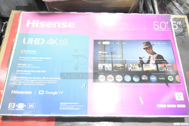 Hisense 50" UHD 4K TV in box. Features AI 4K Upscaler, Dolby Vision, Google TV. New condition.