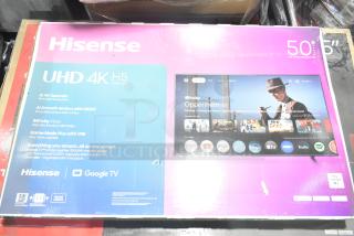 Hisense 50" UHD 4K TV in box. Features AI 4K Upscaler, Dolby Vision, Google TV. New condition.