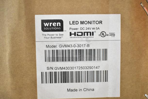 Wren LED Monitor in original packaging; Model: GVM43-0-3017-B, power: DC 24V, includes HDMI port, made in China.