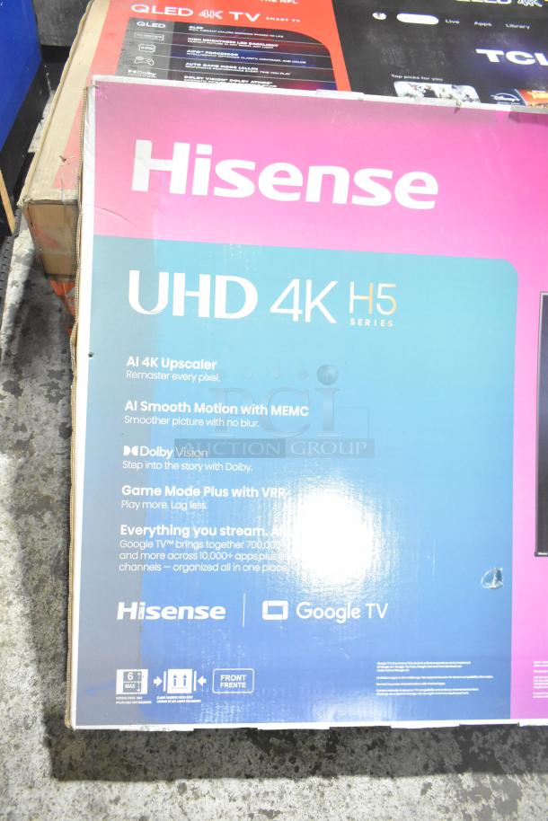 Hisense 50" UHD 4K H5 Series TV in original box, includes AI 4K Upscaler, Dolby Vision, features for gaming, Google TV integrated.