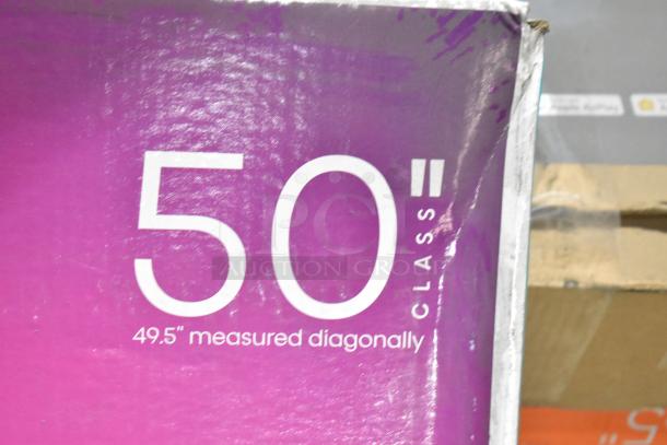 Hisense 50" UHD 4K TV box, marked "49.5” measured diagonally." Includes Wren LED monitor. Pickup only.