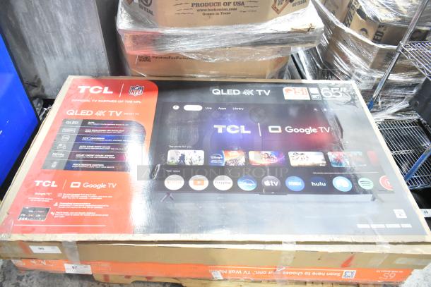 TCL 65" QLED 4K TV in original box, features Google TV, Dolby Vision, HDR, and hands-free voice control. Local pickup only.