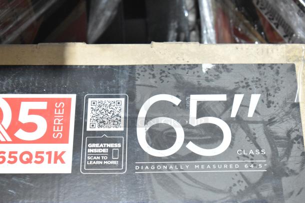 IN ORIGINAL BOX TCL 65" TV, model 65Q51K, R5 series. Diagonally measured 64.5". Pickup only. Box shows QR code and details.
