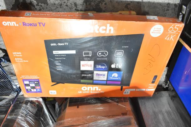 Onn Roku 65" 4K UHD Smart TV in original box, unopened. Features HDMI, 60Hz refresh rate. Local pickup only.