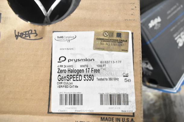 Prysmian GenSPEED 5350 cable, 4 PR 24 AWG, white, zero halogen, 1000 ft, CAT 5e, tested to 350 MHz, RoHS compliant.