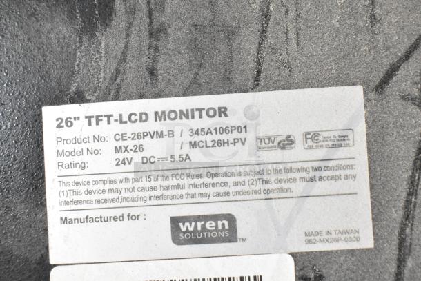26" TFT LCD Monitor by Wren Solutions. Model MX-26, 24V, 5.5A. Includes FCC compliance. Made in Taiwan.