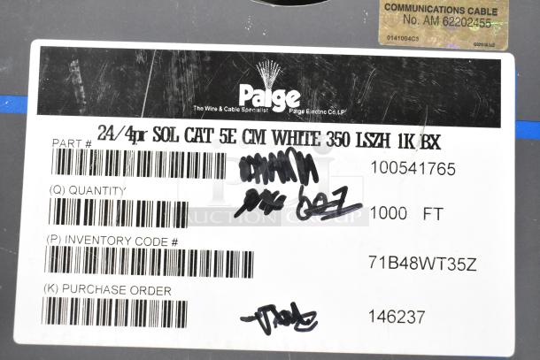 Label on Paige cable indicates 24/4pr SOL CAT 5E CM, 1000 ft, white. Features part number, inventory code, and purchase order.