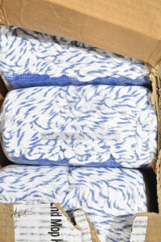 Box of 12 Lavex 32 oz. blue and white rayon blend looped end mop heads, brand new with minor box damage, 5" headband.
