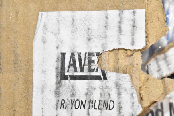 Box of 12 Lavex 32 oz. blue and white rayon blend looped end finishing wet mop heads, 5" headband, box is damaged.