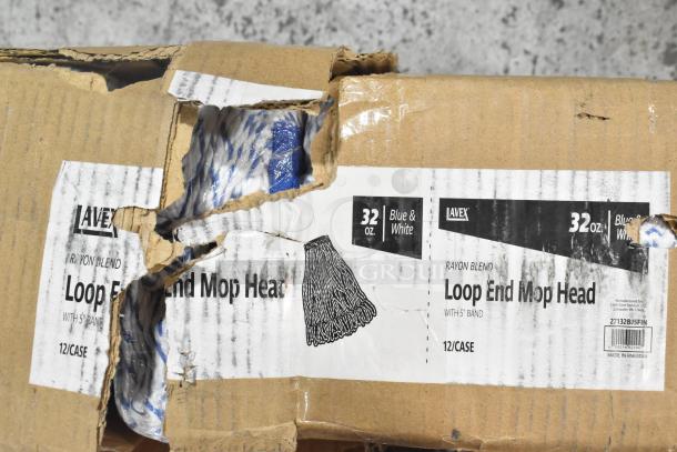 Box of 12 Lavex 32 oz. blue and white rayon blend looped end mop heads, 5" headband, box damaged, product new.