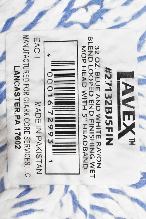 Box of 12 Lavex 32 oz. blue and white rayon blend wet mop heads, looped end, 5" headband, item #27132BJ5FIN. Scratch and dent.