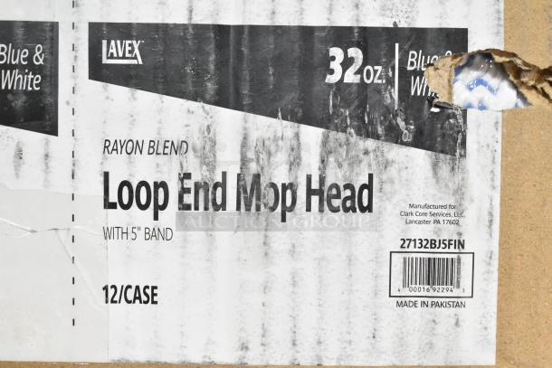 Box of 12 Lavex 27132BJ5FIN 32 oz. blue and white looped end mop heads, rayon blend, 5" headband, scratch and dent condition.