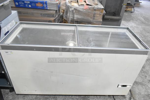Vestfrost SCF1212DT chest freezer merchandiser, 115 volts, 1 phase, with glass sliding doors, used condition, some surface wear visible.