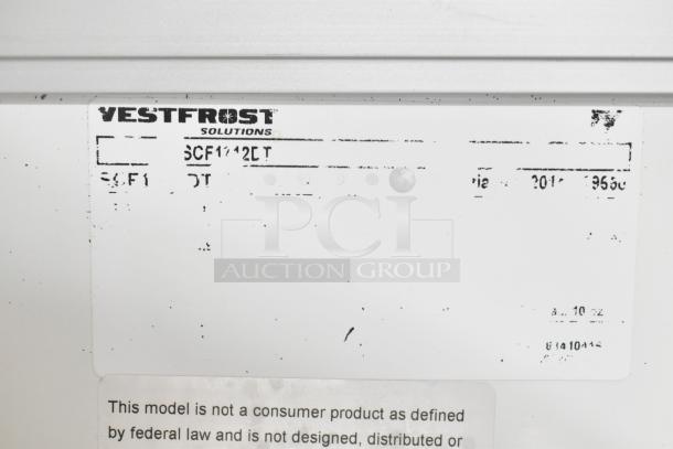 Vestfrost SCF1212DT Chest Freezer Merchandiser label, showing model and voltage details. Not for consumer use.