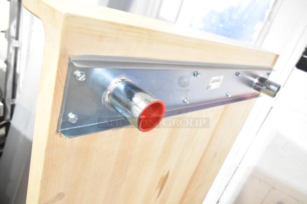 Wooden butcher block tabletop with metal mounting bracket, showcasing sturdy construction. Includes clear poly panel.