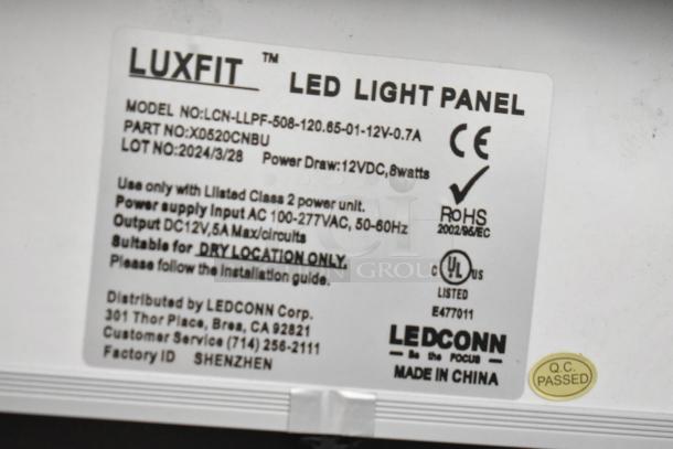 Samsung Luxfit LED Light Panel label; Model LCN-LLPF, 12VDC, 8 watts, CE, RoHS compliant, suitable for dry locations, UL listed.