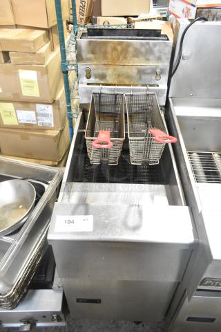 Pitco Frialator SB14RS stainless steel deep fat fryer with 2 metal fry baskets, natural gas, 122,000 BTU, fair condition.