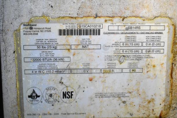 Pitco Frialator SB14RS natural gas deep fryer, 122,000 BTU, stainless steel, two fry baskets, clear label details.