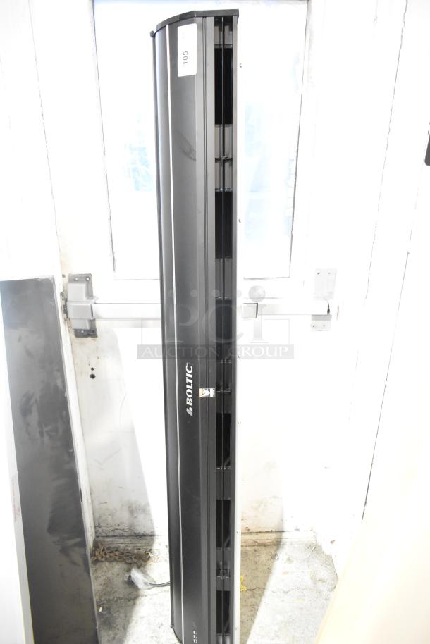 Boltic 6873518LYB black metal air curtain, 120V, 1 phase, excellent condition, vertical design, with visible logo branding.