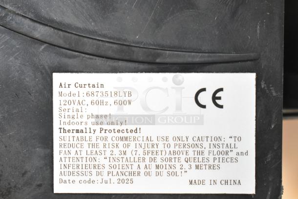 Boltic 6873518LYB black metal air curtain. Single-phase, 120V, 600W. For indoor commercial use. Thermally protected. Made in China.