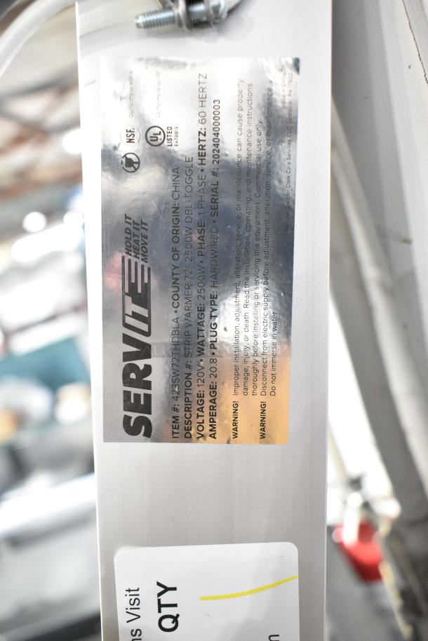 ServIt 423SW72THDBLA metal strip warmer, 72", dual toggle controls, 120V, 1 phase. Features visible label and markings.