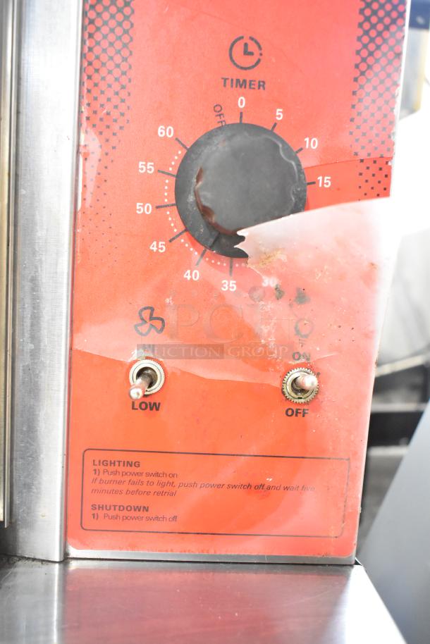 Timer and control panel of Vulcan VC6GE-SEFFCAM5 convection oven, showing settings, switches, and lighting instructions.