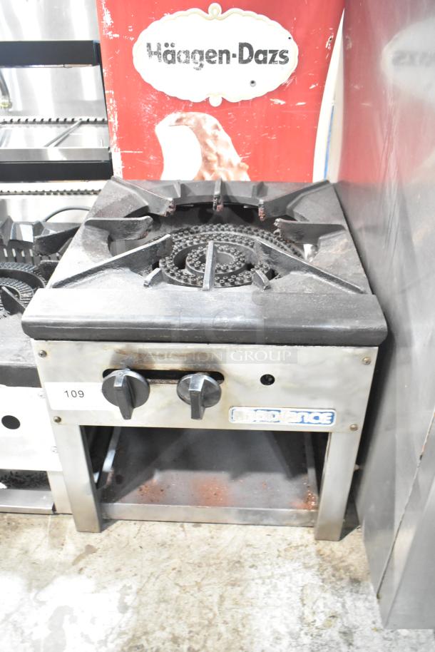 Radiance stainless steel commercial gas burner with two control knobs; used condition. Model label and item number 109 visible.