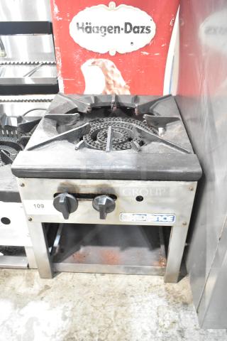 Radiance stainless steel commercial gas burner with two control knobs; used condition. Model label and item number 109 visible.