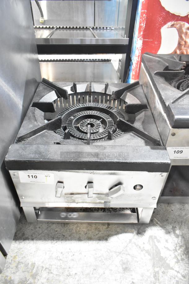 L&J Stainless Steel Gas Stock Pot Range, single burner, countertop model, visible markings, sturdy condition.