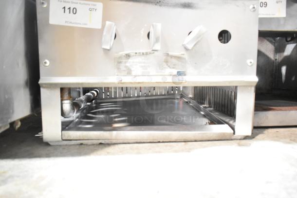 L&J stainless steel single burner stock pot range, natural gas powered, commercial countertop unit, visible number tag "110."