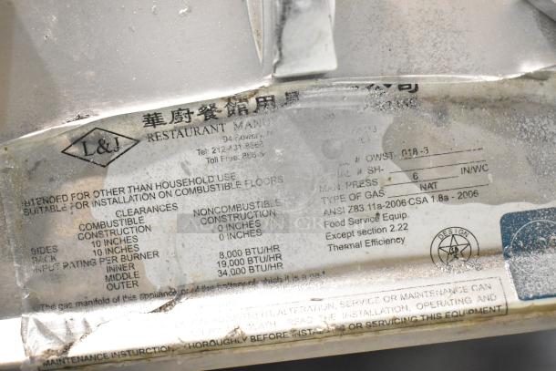 L&J Stainless Steel Commercial Gas Stove Range label detailing clearance and BTU/hr ratings. Model OWST-018-3.