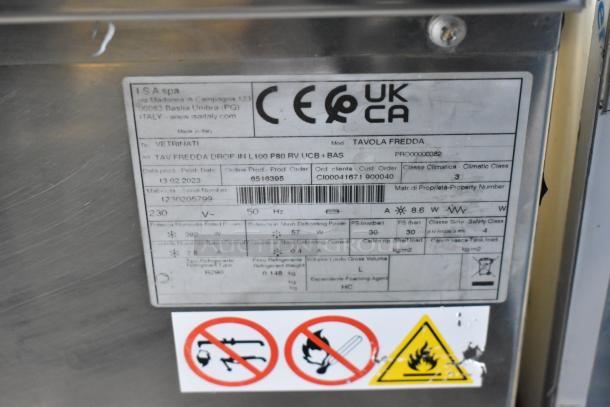 2023 ISA Tavola Fredda stainless steel commercial prep unit, 230V, model details and safety markings visible.