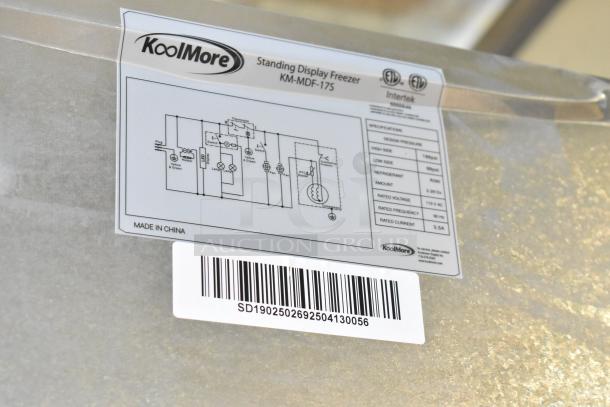 KoolMore KM-MDF-17S freezer label, showing electrical diagram, specifications, and barcode. Model and safety info included.