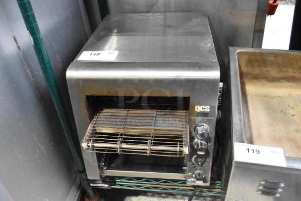 Star QCS-2-800 stainless steel commercial conveyor toaster oven; visible wear; 208 volts, 1 phase; control knobs on side.