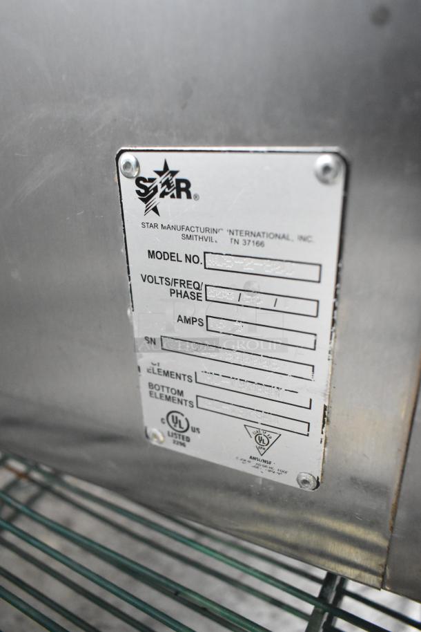 Star QCS-2-800 stainless steel conveyor toaster oven label, showing make, model, voltage, 208V, 1 phase, UL listed.
