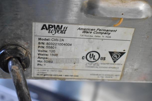 APW Wyott CW-2A stainless steel food warmer label, 120V, 1500W, model CW-2A. Serial number: 803221004004.