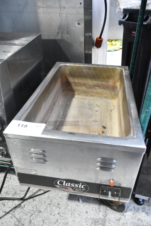 APW Wyott CW-2A stainless steel commercial countertop food warmer, 115V, 1 phase, visible Classic label, showing some wear.