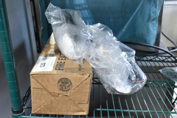 Three new items, including a Galaxy 177PGSM412 condenser fan motor, FL57BLS01 unit, and Badger 21008936 fire extinguisher.