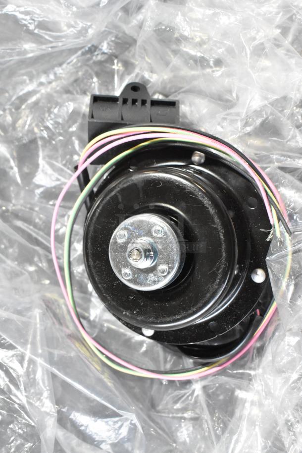 Galaxy 177PGSM412 condenser fan motor, brand new, suitable for 2 and 3 bowl slushy machines, multicolored wires visible.