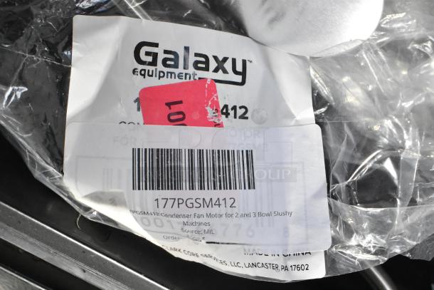 Galaxy 177PGSM412 condenser fan motor in packaging with visible label, new condition, for 2-3 bowl slushy machines.