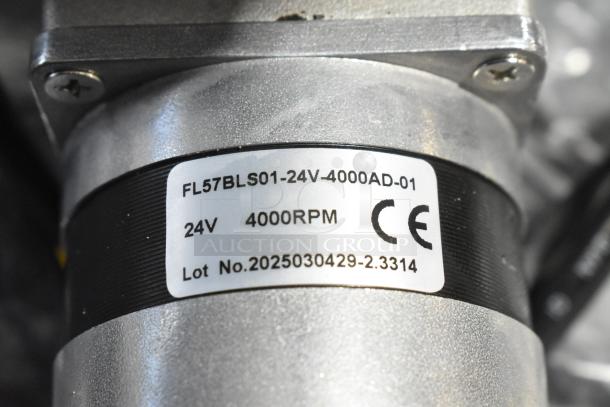 FL57BLS01 unit label indicating 24V, 4000RPM, and Lot No. 2025030429-2.3314, CE marked, for auction.