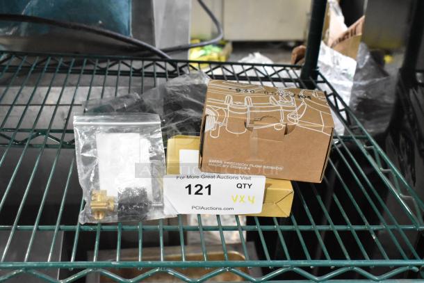 Four brand new scratch and dent items, including Bunn 50408.0000 valve, Galaxy 177PGSM353 controller, Narvon 378PAF4796 power supply, and Narvon 378PAF3981 flow meter. Box with labels on metal shelf.