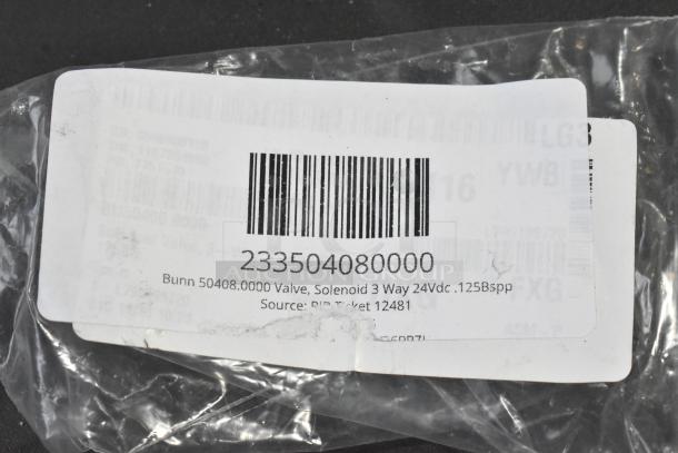 Barcode label showing Bunn 50408.0000 Valve, Solenoid 3 Way 24Vdc .125Bspp, new condition in packaging.