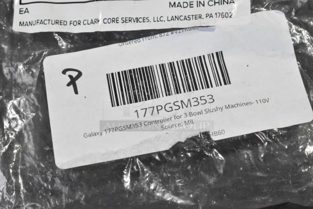 Galaxy 177PGSM353 Controller label for 3 Bowl Slushy Machines, 110V, new condition, visible barcode and manufacturing details.
